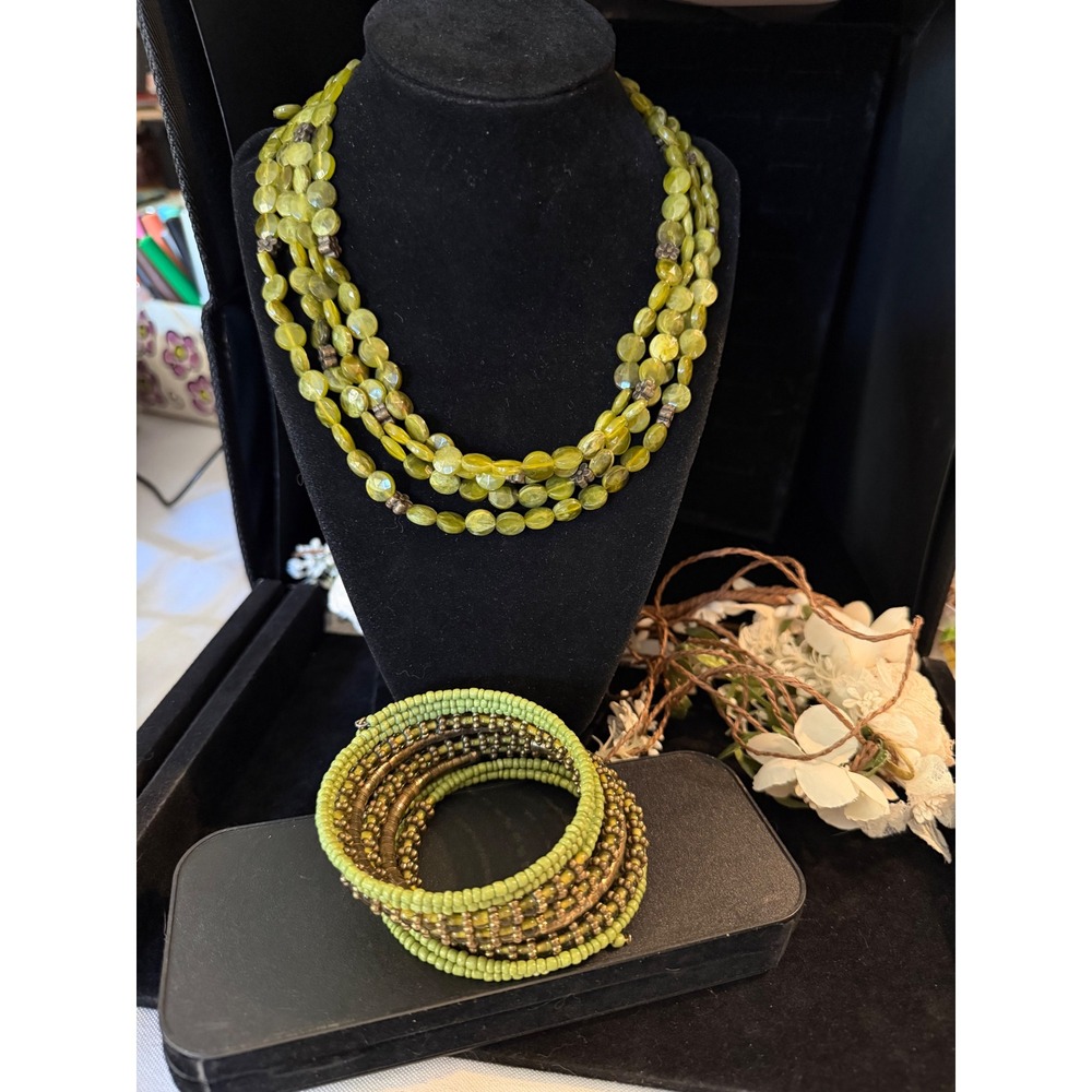 Boho Olive Green Multi Strand Beaded Necklace and Coil Wrap Bracelet Set. Earthy